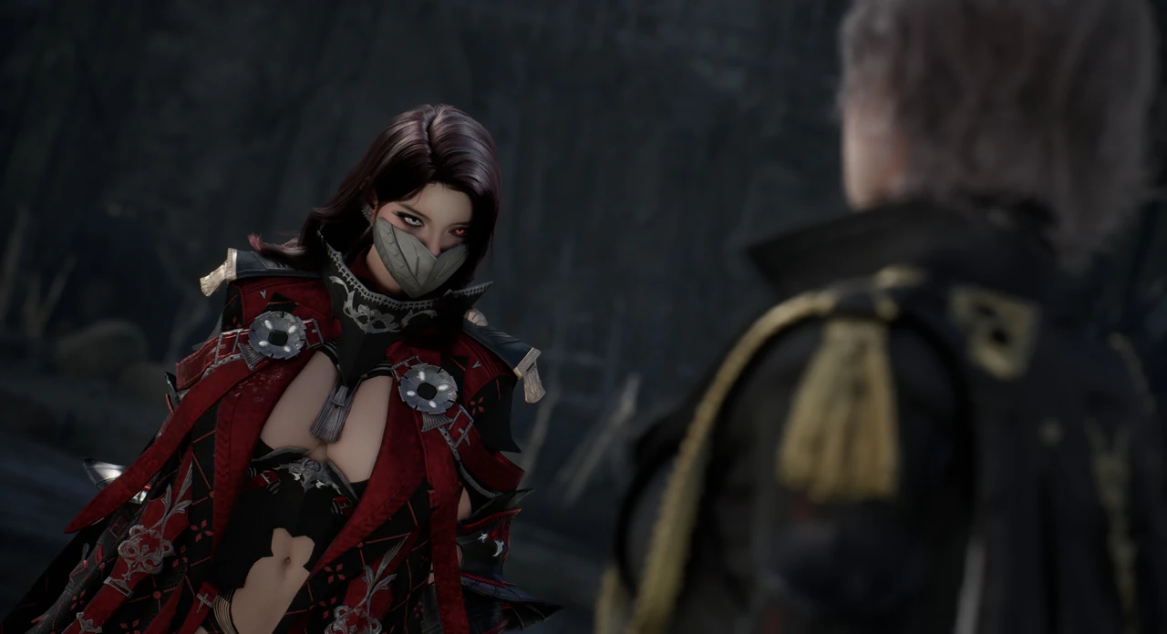 A masked Daeva in a crimson coat faces a gold-trimmed commander seen from behind.