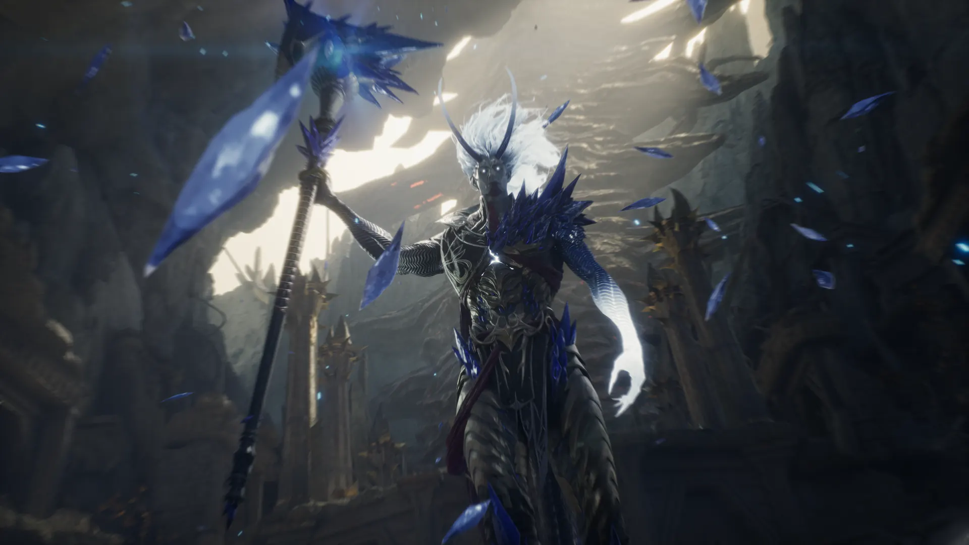 Rampaging Tyrant Tassin, the level 18 boss of Zikel's Sanctum, raises a crystal-bladed spear as blue shards fly through a ruined stone hall.