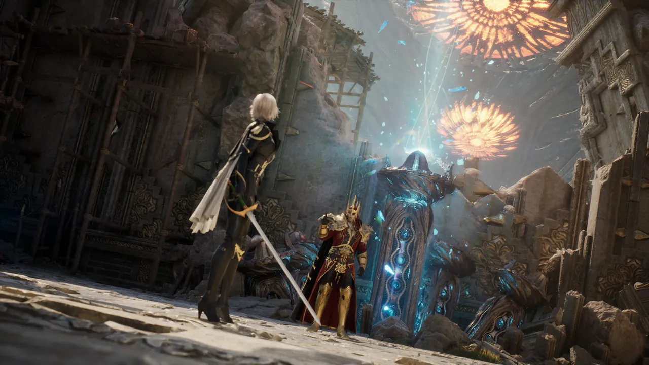 A white-haired swordswoman confronts a gold-armored knight among carved ruins as blazing sun-like orbs burn in the sky.