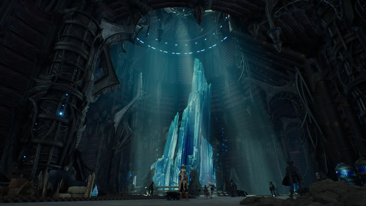 Um vasto salão com ares de catedral, de arquitetura biomecânica escura, onde raios de luz caem sobre um altíssimo cristal azul brilhante, com figuras minúsculas em sua base.
