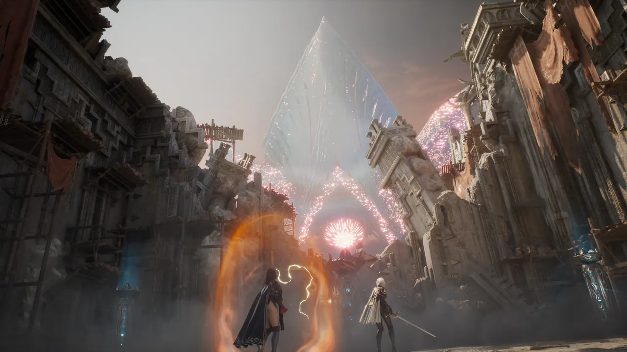 Dois aventureiros vistos de costas encaram um portal em chamas em uma cidade em ruínas num cânion, sob uma gigantesca torre de cristal translúcido e um orbe rosa brilhante.