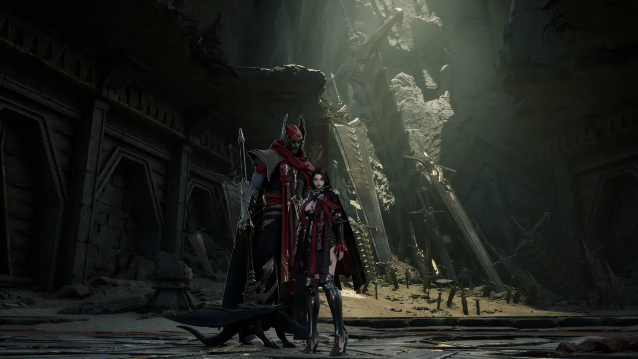 Um guerreiro mascarado de capuz vermelho com um companheiro em um templo em ruínas onde feixes de luz caem sobre gigantescas espadas quebradas.