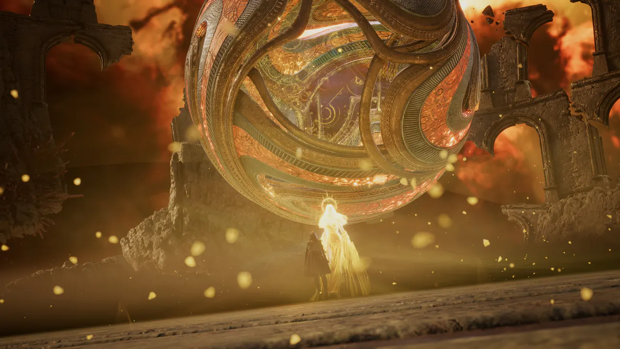Uma radiante figura divina dourada sob uma esfera ornamentada colossal, entre arcos em ruínas, céus em chamas e partículas douradas flutuando.