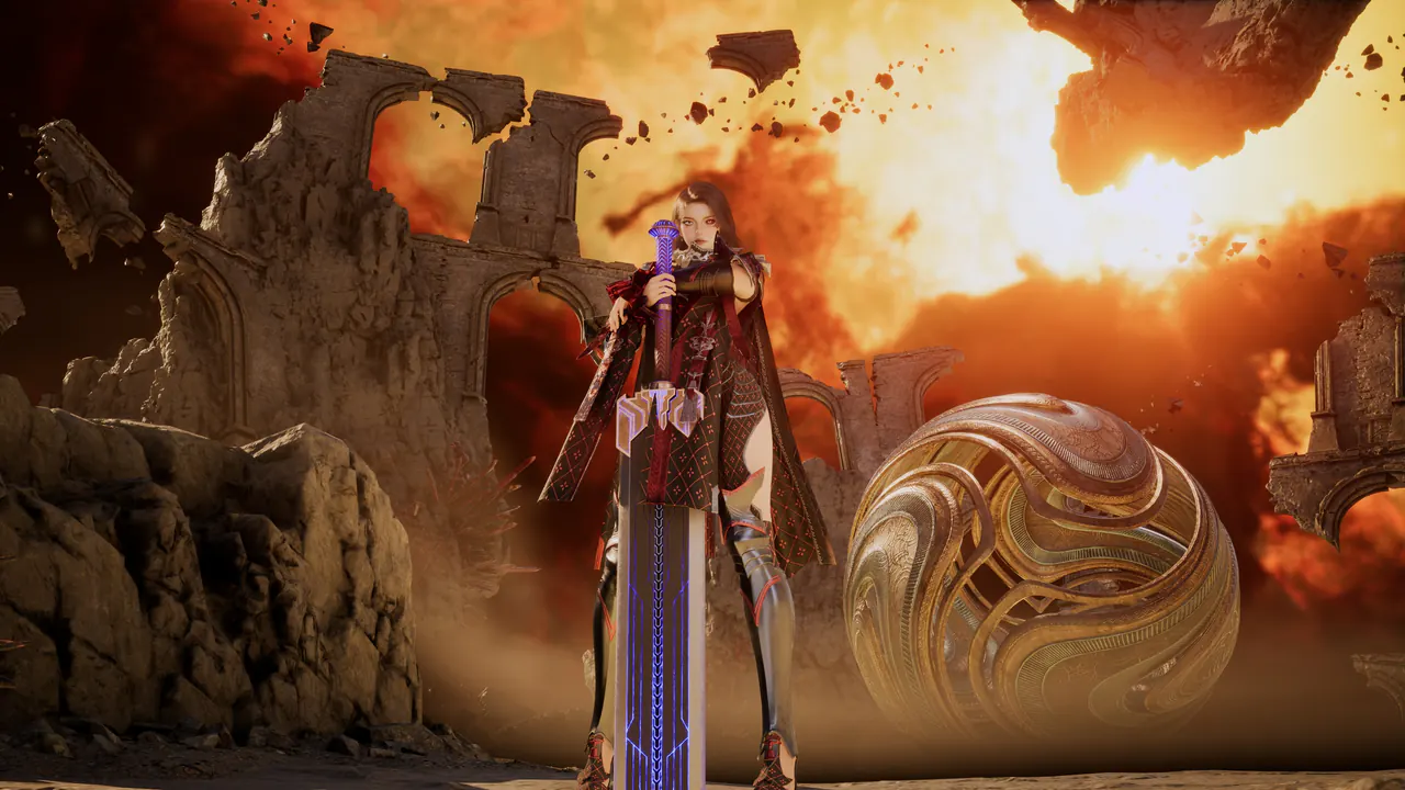A warrior plants a glowing greatsword before crumbling ruins as a fiery explosion lights the sky, a giant ornate golden sphere beside her.