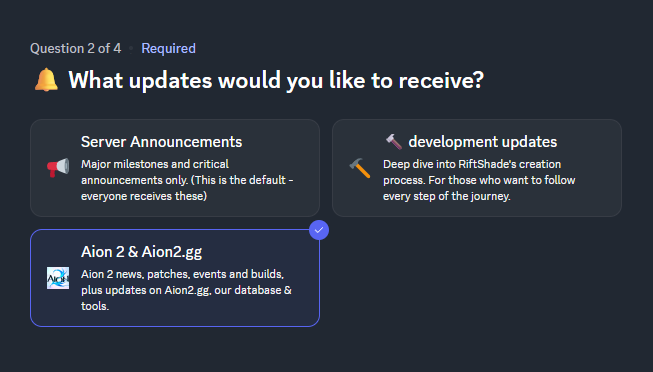 Pregunta de bienvenida de Discord «What updates would you like to receive?» con la tarjeta «Aion 2 & Aion2.gg» seleccionada