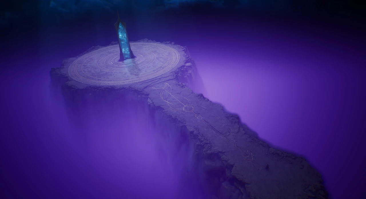 Um obelisco de cristal brilhante se ergue de um círculo de runas gravado no alto de um platô de rocha flutuante, à deriva em uma névoa violeta.