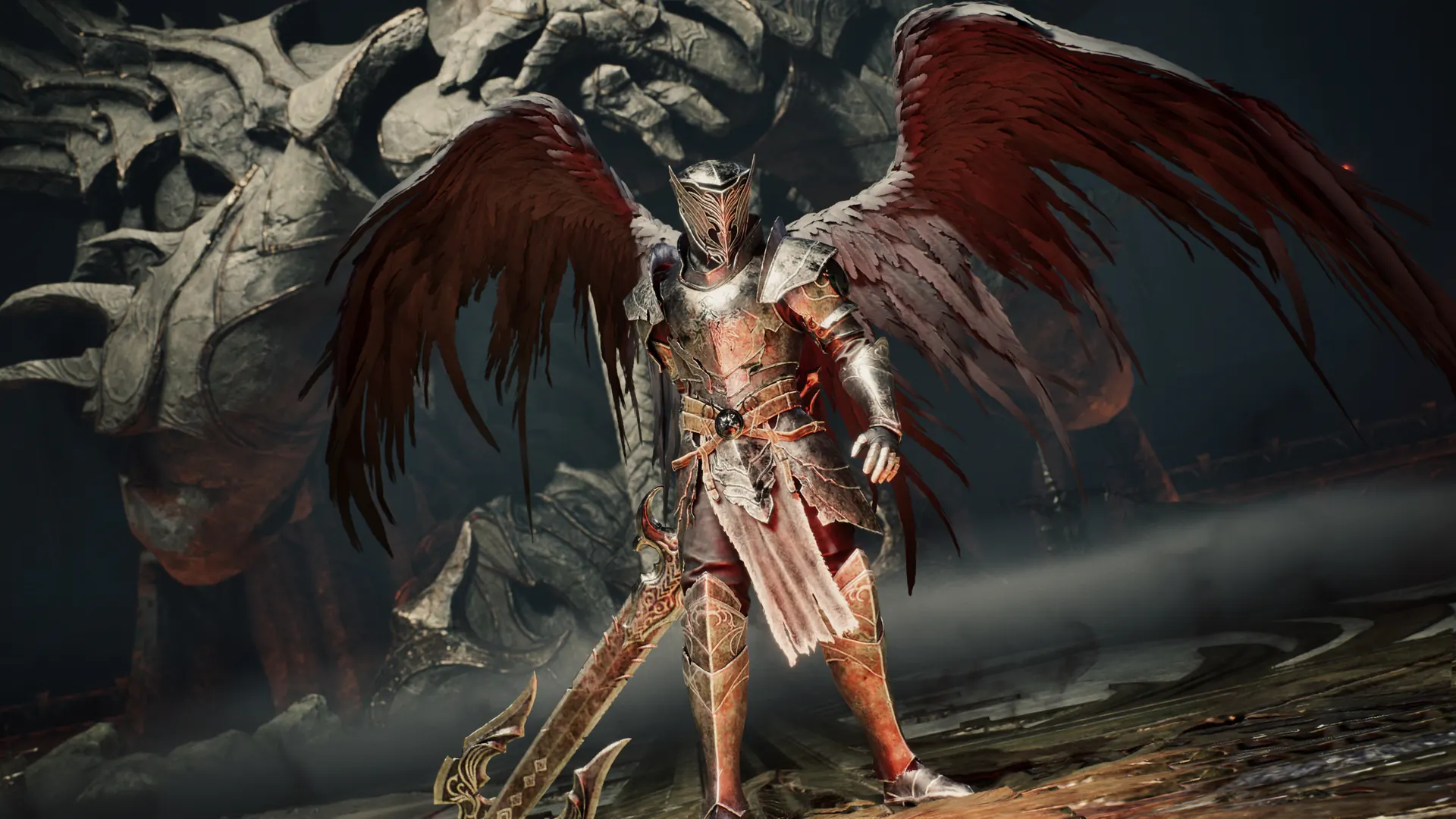 An armored angelic warrior with vast crimson wings and an ornate greatsword stands before a colossal stone statue.