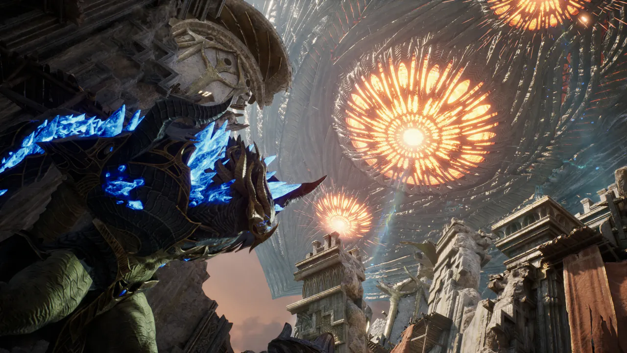A blue-crystal armored beast looms over ancient ruins as blazing sun-like orbs spin in a vortex sky.