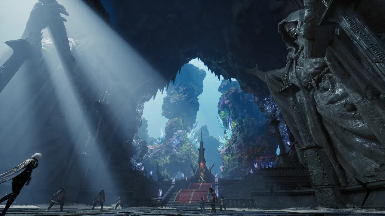 Feixes de luz invadem uma vasta caverna guardada por estátuas colossais, que se abre para uma gruta de recife de coral e uma escadaria de tapete vermelho até um trono.