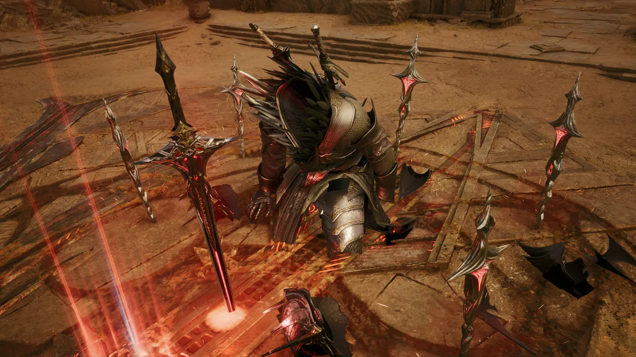 Um cavaleiro de armadura ajoelhado é cercado por um anel de espadas ornamentadas de brilho vermelho cravadas em arenito quente.