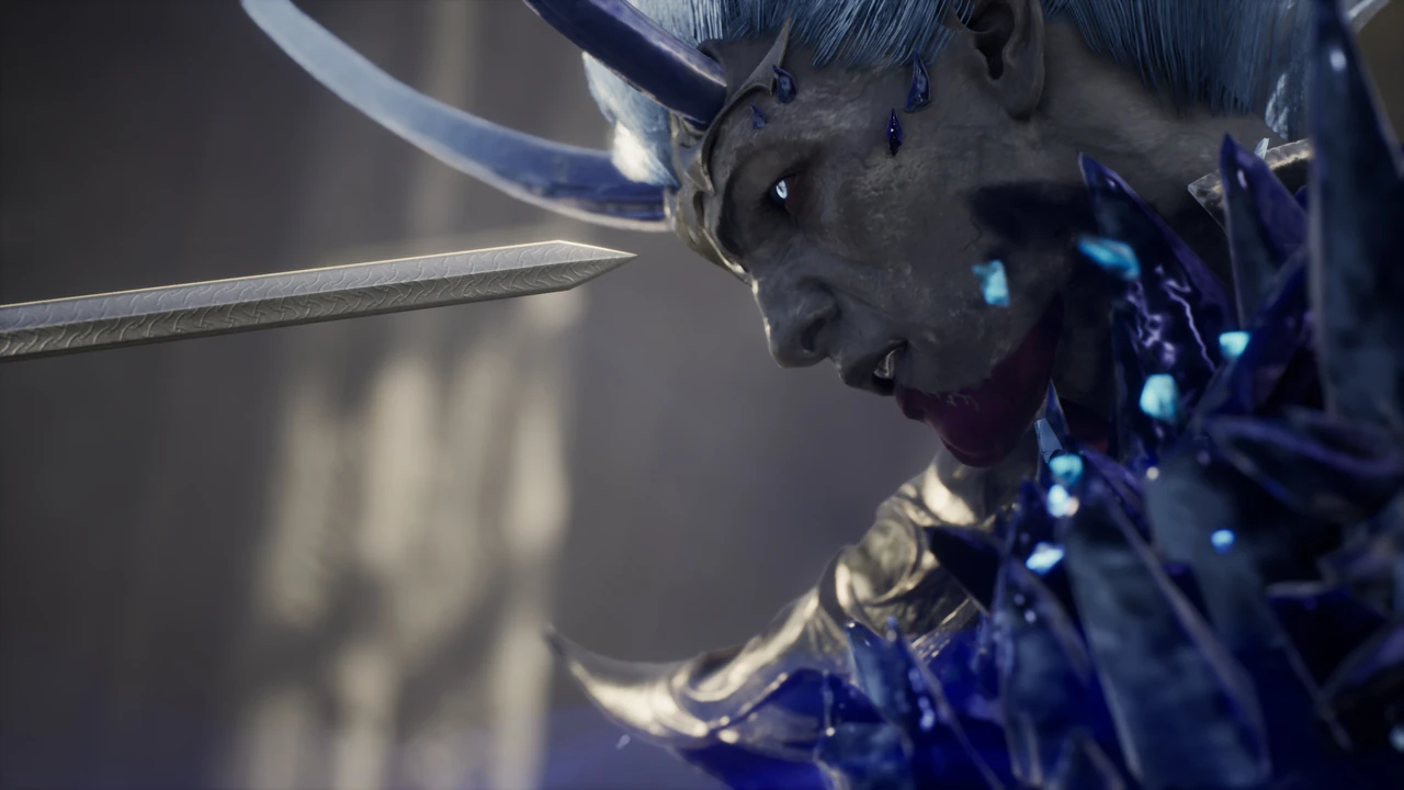 Close-up of a horned villain in blue crystal armor with a blade held at its throat.