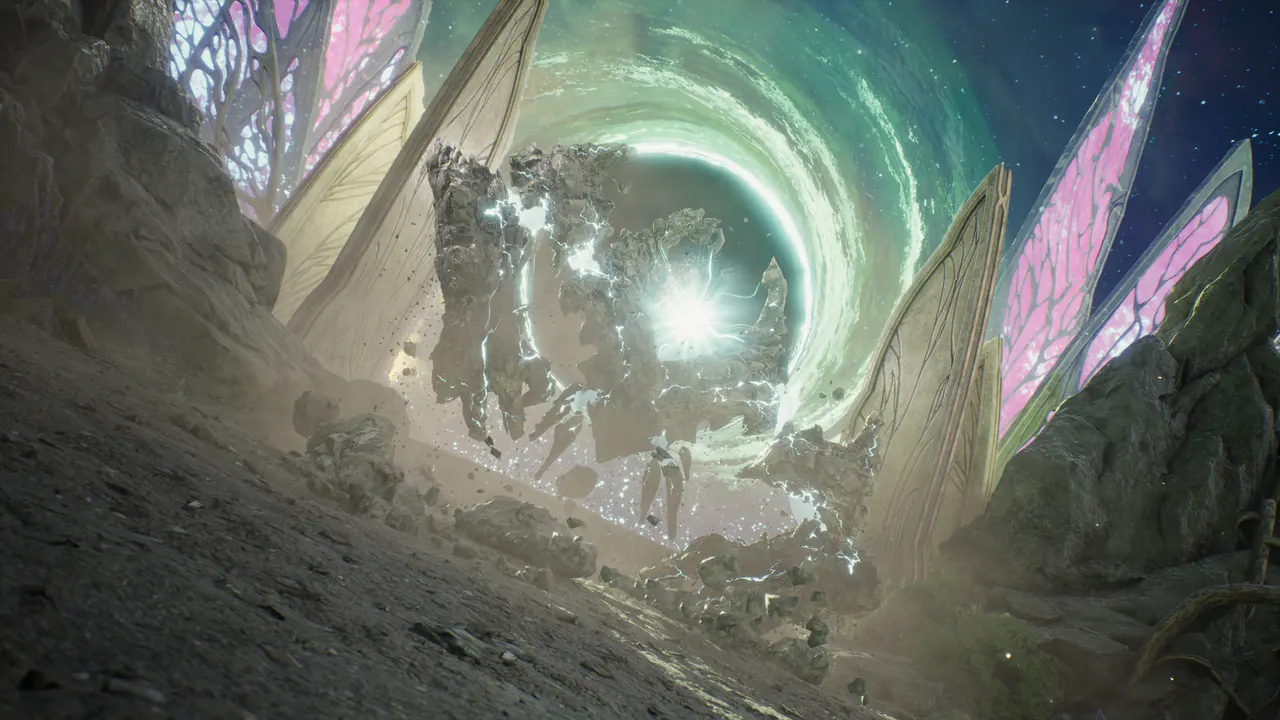 A massive rock golem bursts from a swirling green portal flanked by pink crystal wings.